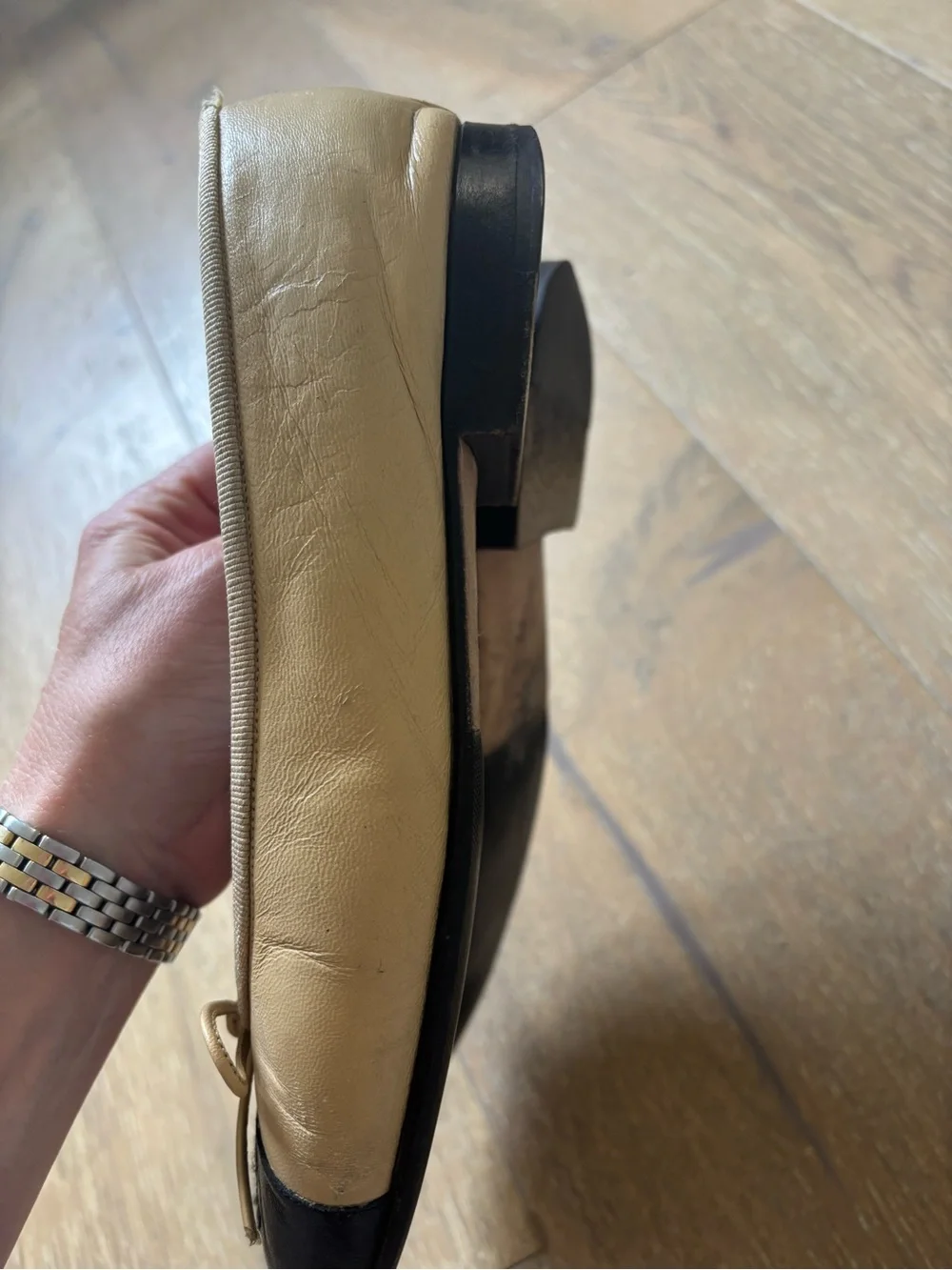 Chanel Two-Tone Beige and Black Cap-Toe Ballet Flats 36